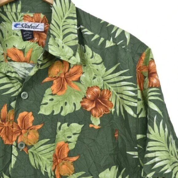 STOKED Hawaiian Short Sleeve Shirt Button Down Green Orange Crinkle  Size XL - Picture 2 of 4